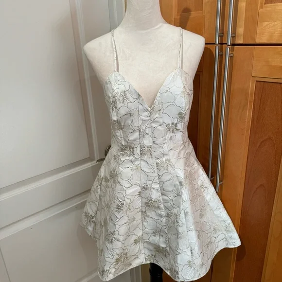 LULUS.Shiny Ivory & Gold Jacquard Mini Dress. Size S. Adjustable Straps. - Picture 2 of 10